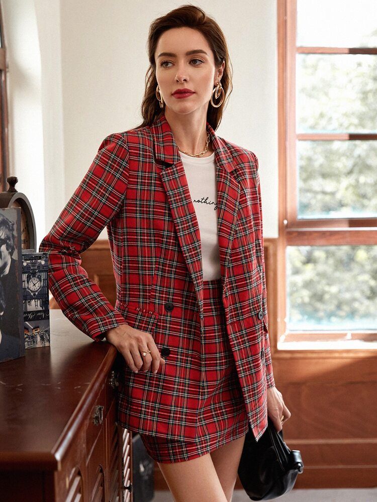 SHEIN Notched Collar Double Breasted Tartan Blazer & Skirt Set | SHEIN