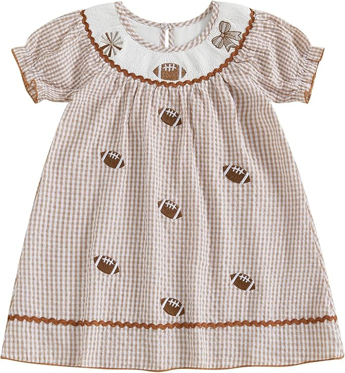Toddler Baby Girl Football Outfit Smocked Dress Rugby Romper Long Sleeve Plaid Fall Kids Girls Fo... | Amazon (US)