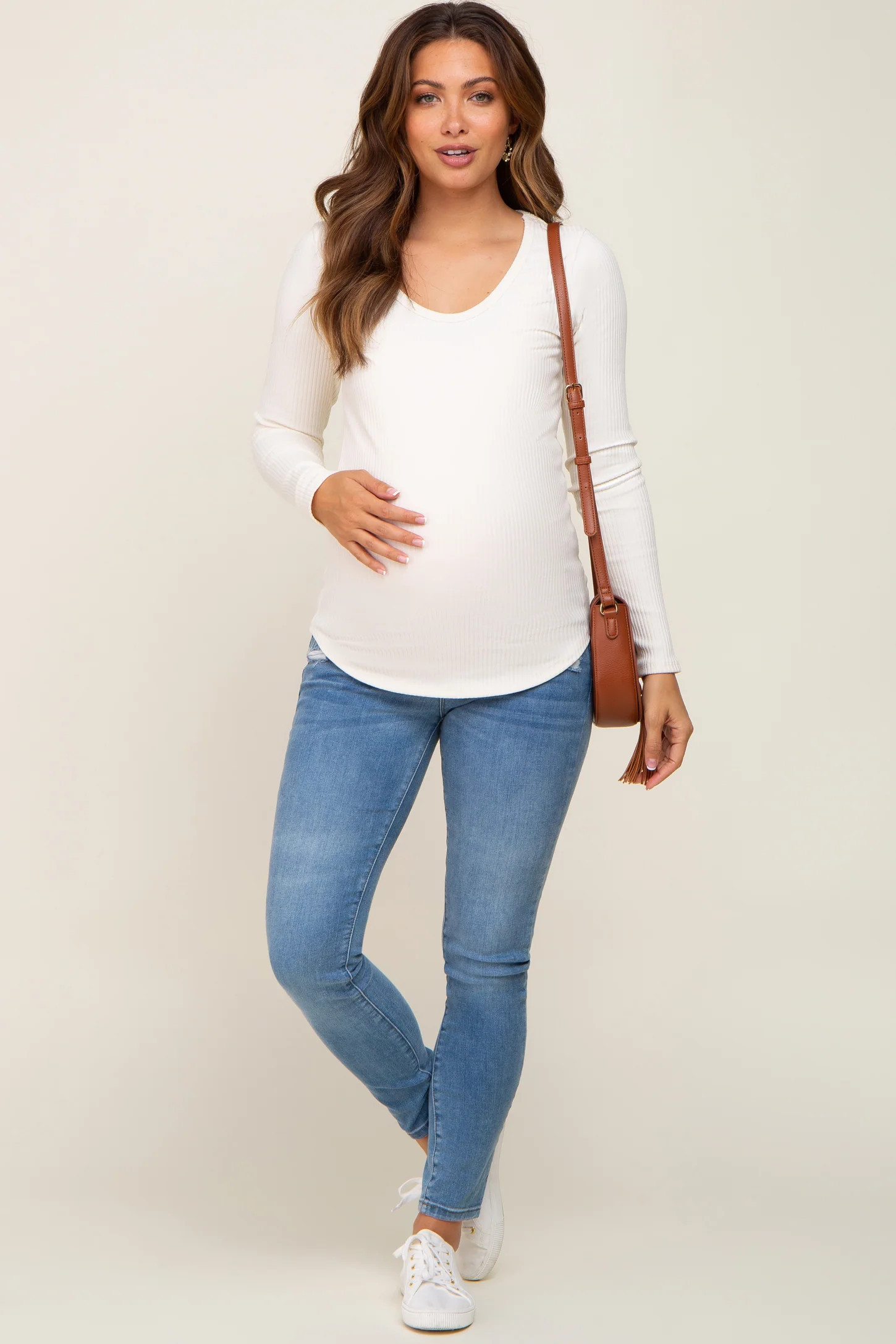 Ivory Ribbed Scoop Neck Long Sleeve Maternity Top | PinkBlush Maternity