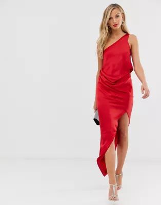 ASOS DESIGN satin one shoulder drape midi dress in red | ASOS | ASOS (Global)