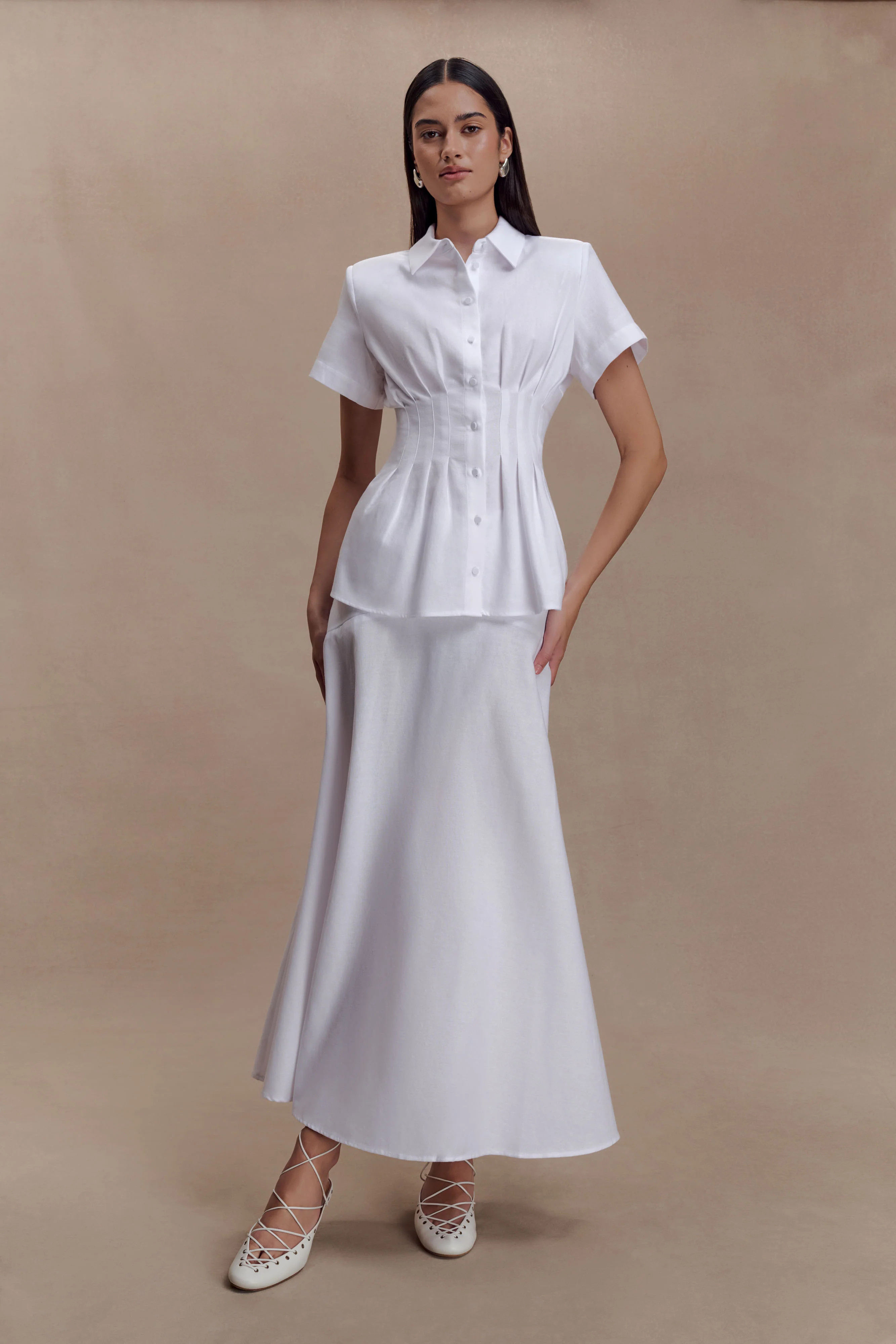 Selma Short Sleeve Linen Shirt - White | Meshki (APAC)