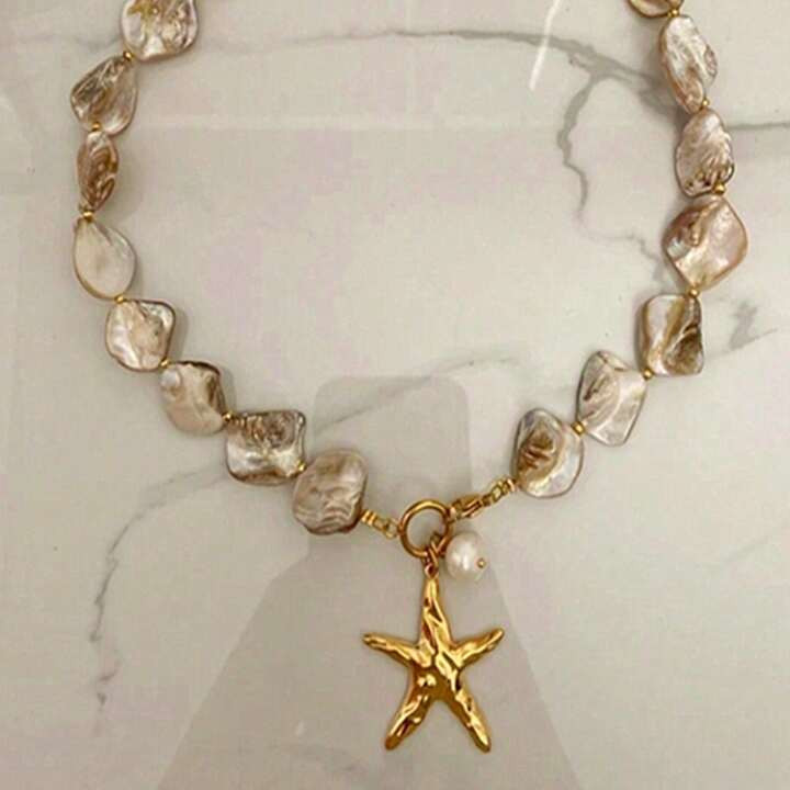 1pc Stainless Steel Gold Color Starfish Pendant Necklace Featuring Shell Beads, Women's Fashion A... | SHEIN