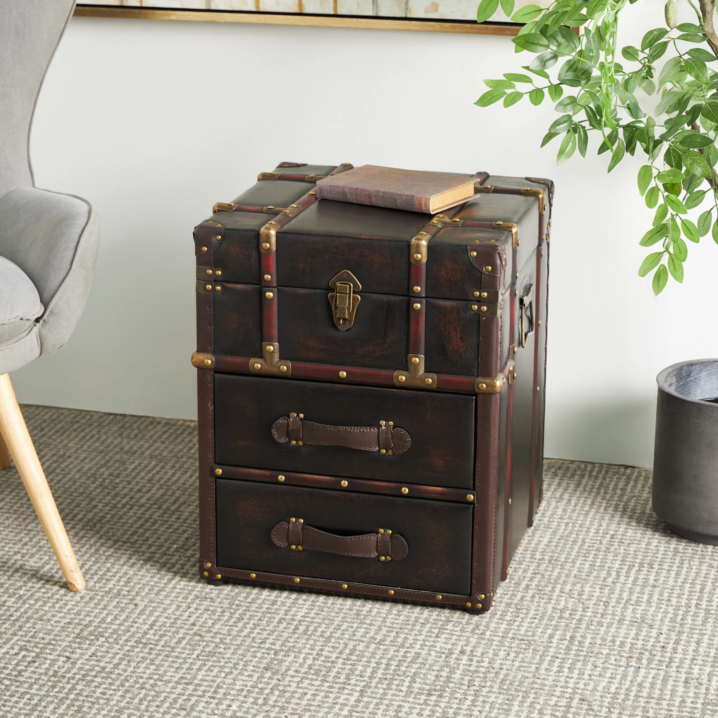 Monge Faux Leather Vintage Faux Leather 2 Drawer Room Cabinet with Buckle Hinged Top | Wayfair North America