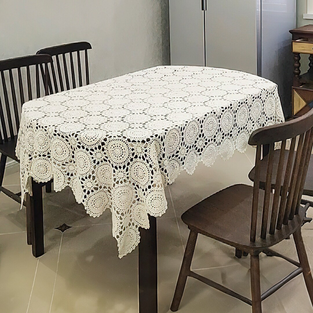 Handmade Crochet Tablecloth, Farmhouse Rectangular Circular Pattern Knitted Hollow Lace Table Cov... | Etsy (US)