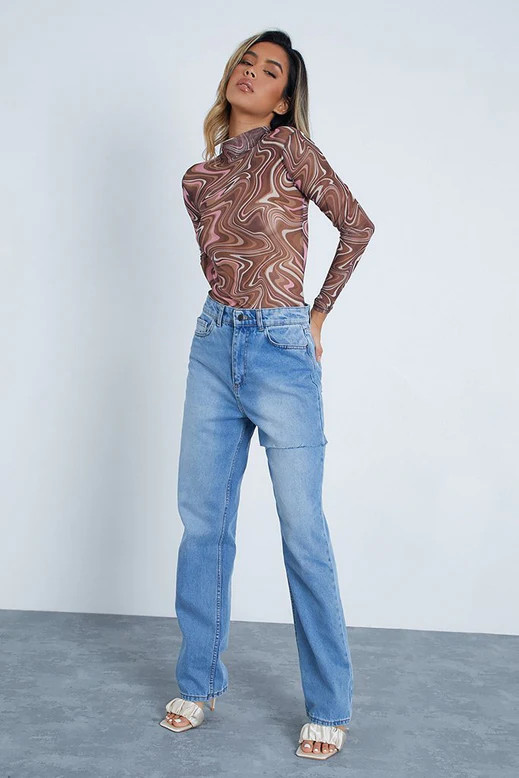 Chocolate Leopard Floral Print Mesh Long Sleeve Bodysuit | ISAWITFIRST UK