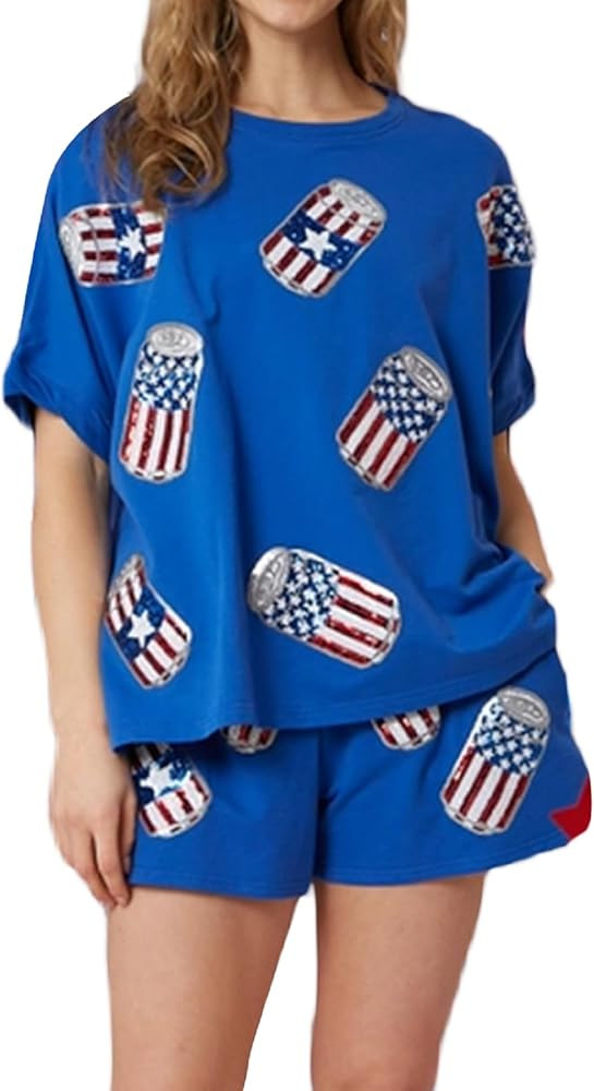 Luckinbaby Women Independence Day Sequins Outfits American Flag Loose T-Shirt Baggy Shorts 4th of... | Amazon (US)