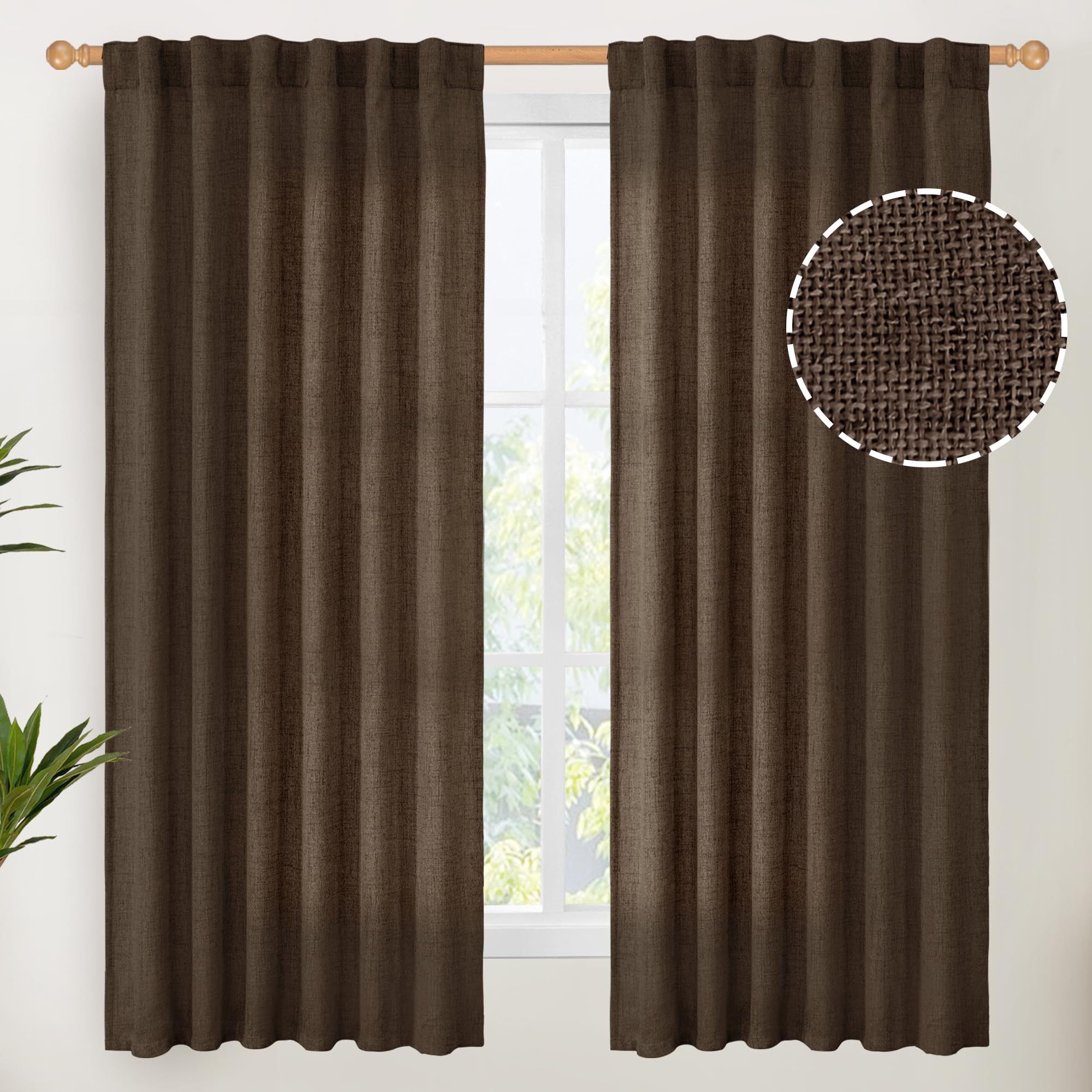 YoungsTex Brown Linen Curtains for Living Room 63 Inches Long Back Tab Rod Pocket Window Drapes L... | Amazon (US)