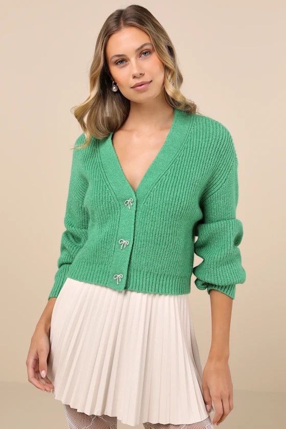 Brilliant Cutie Green Bow Button-Front Cropped Cardigan | Lulus