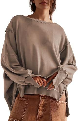 Hixiaohe Women's Oversized Crewneck Sweatshirts Casual Long Sleeve Side Split Pullover Tops Fall ... | Amazon (US)