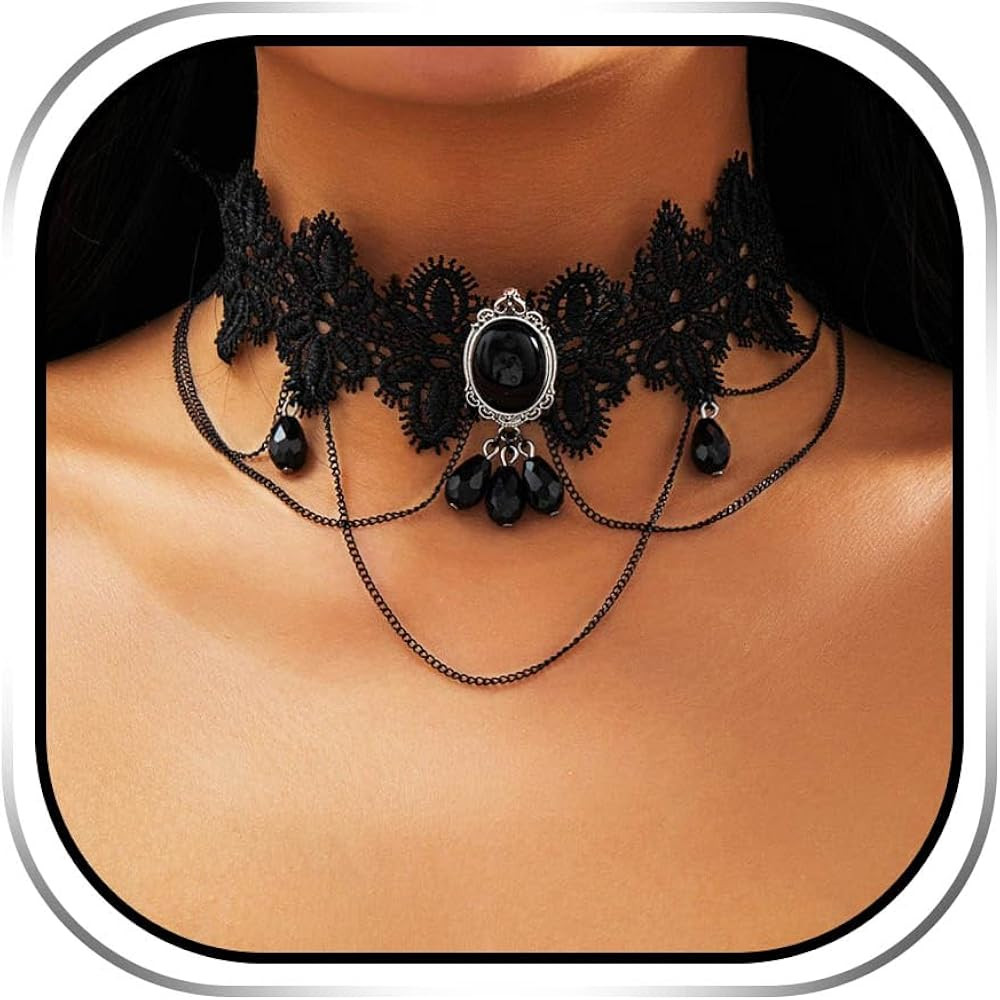 JAKAWIN Black Lace Choker Necklace Gothic Beaded Pendant Necklaces for Women | Amazon (US)