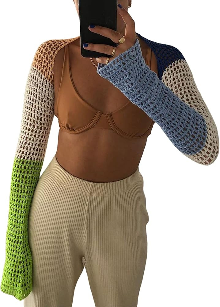 Sunloudy Womens Cropped Knit Top Long Sleeve Crochet Hollow Out Square Collar Sweater Crop Tops | Amazon (US)