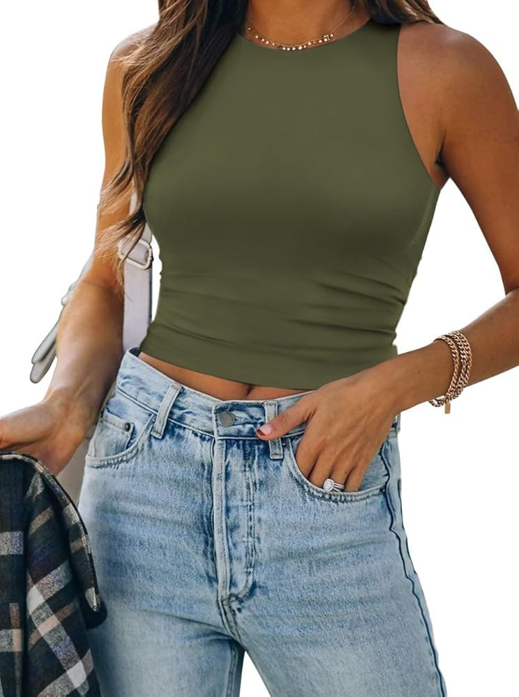 ATHMILE Womens Double Lined Crop Tank Tops Casual Basic Shirts Sleeveless Workout Tops Cute Summe... | Amazon (US)