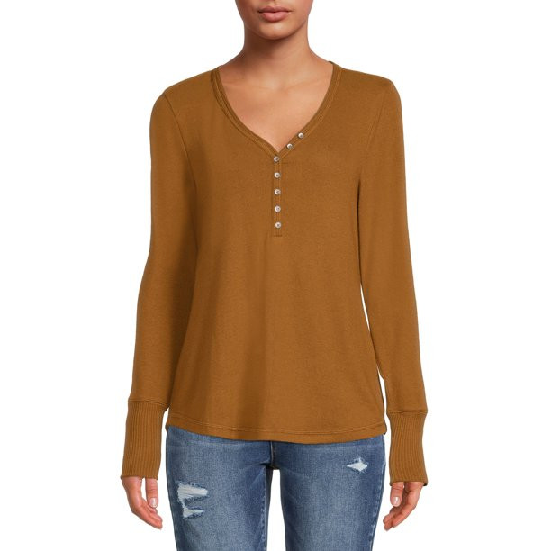 Time and Tru Women's Cozy Henley T-Shirt with Long Sleeves - Walmart.com | Walmart (US)