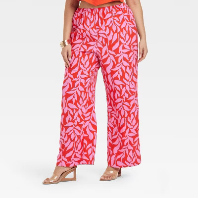 Women's Mid-Rise Pull-On Pants - A New Day™ Pink/Red Leaf Print 3X | Target