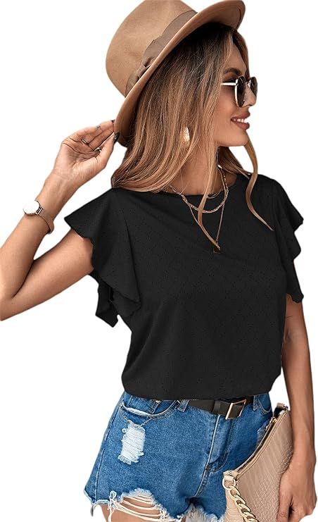 Milumia Women's Casual Ruffle Flutter Sleeve Blouse Hollow Out Round Neck Work Tops | Amazon (US)