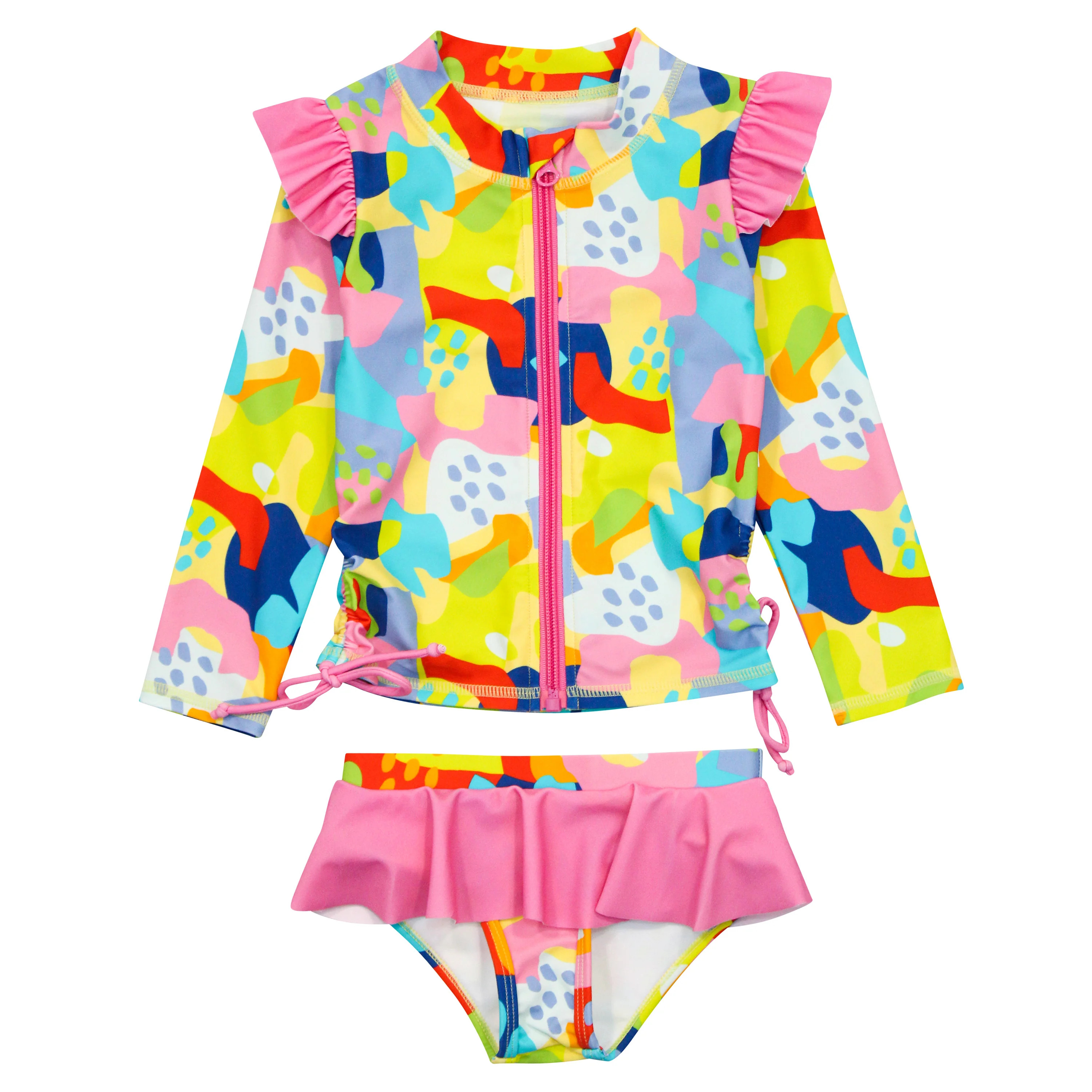 Girls Long Sleeve Rash Guard Ruffle Swimsuit Set (2 Piece) | "Joyful" | UPF 50+ Sun Protection | SwimZip