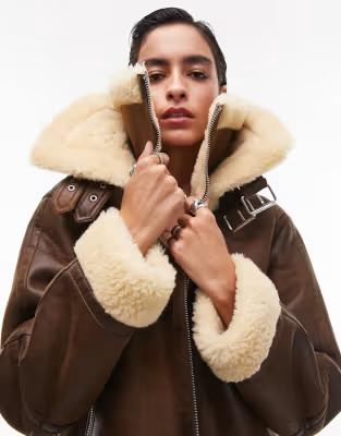 Topshop faux suede shearling zip front oversized aviator jacket with double collar detail in tan | ASOS (Global)