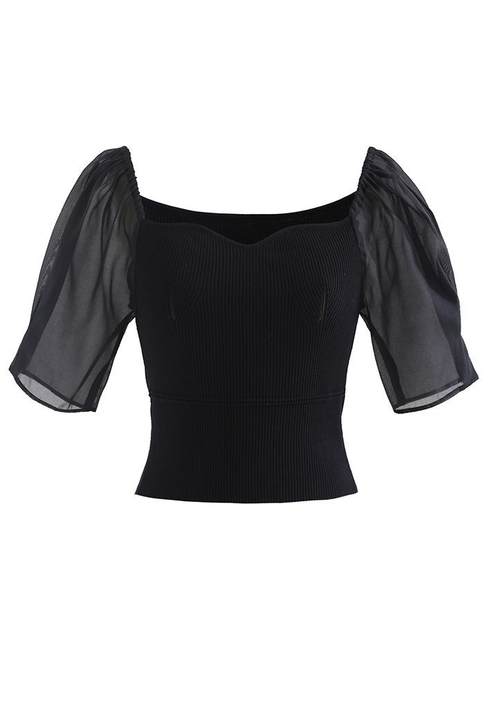 Sweetheart Neck Spliced Sleeve Crop Knit Top in Black | Chicwish