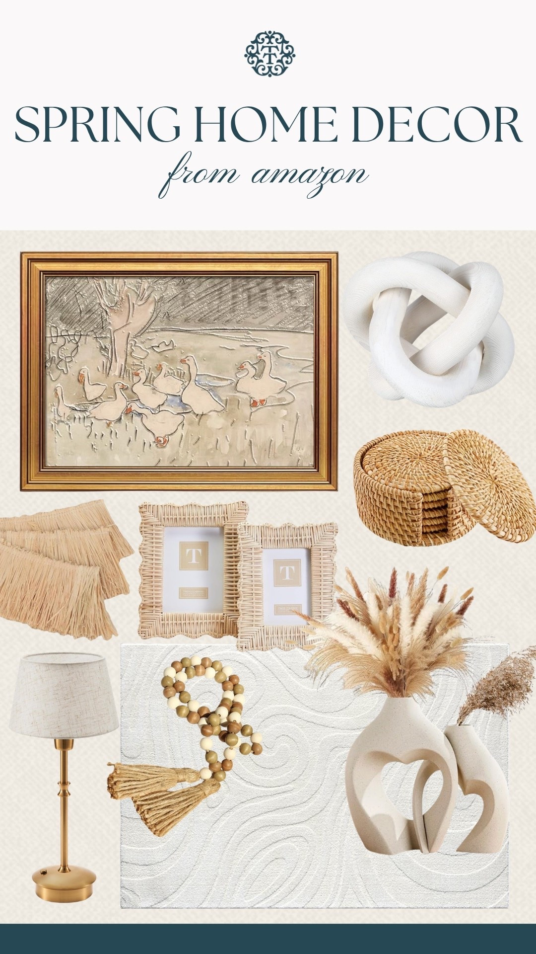 Neutral tones layered in a way that still feels fresh for spring. The woven accents and sculptural pieces add interest without making it feel busy. Everything here is from Amazon, so it’s easy to pull this look into your own space.
