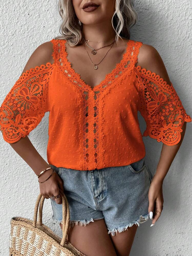 SHEIN Clasi Plus Size Women Contrast Lace Off Shoulder Loose Elegant Blouse | SHEIN