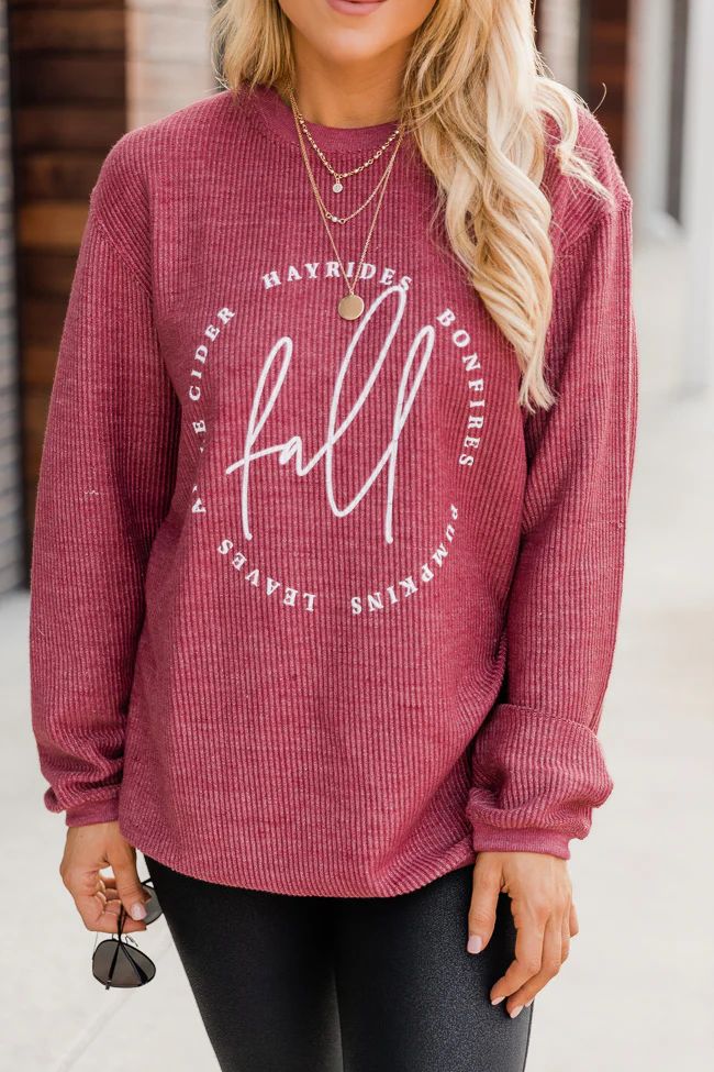Fall Script Graphic Maroon Corded Sweatshirt | The Pink Lily Boutique