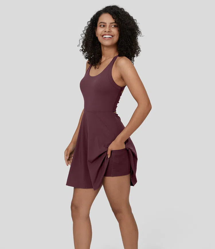 Women’s U Neck Backless Twisted Cut Out 2-in-1 Side Pocket Mini Barre Ballet Dance Dress-Longer... | HALARA