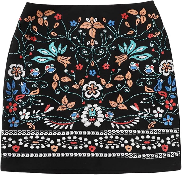 Floerns Women's Boho Floral Embroidered Casual Bodycon Short Mini Skirt | Amazon (US)