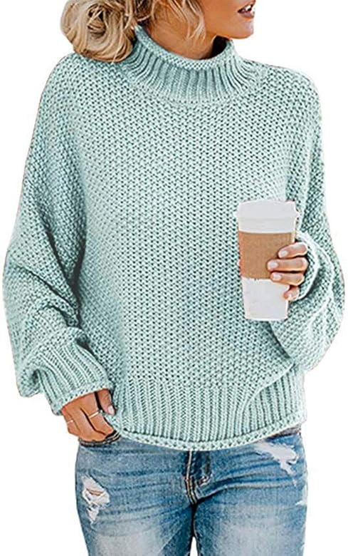 Women's Turtleneck Sweaters Long Batwing Sleeve Oversized Chunky Knitted Pullover Tops | Amazon (US)
