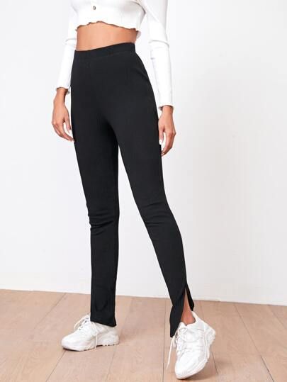 SHEIN Ribbed High-Rise Split Hem Pants | SHEIN