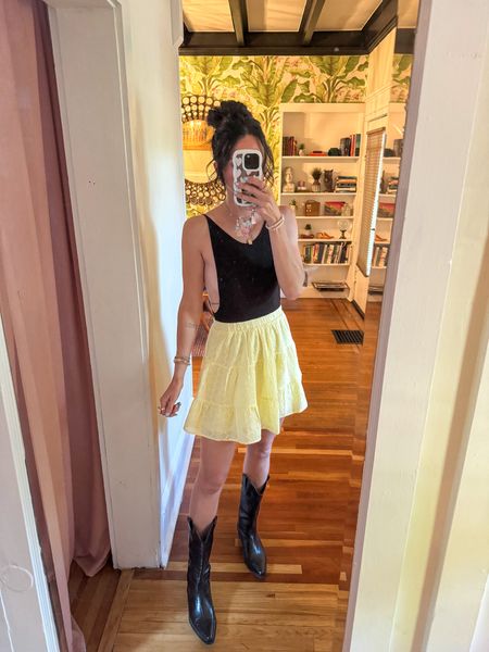 Bodysuit 
Yellow skirt 

#LTKSeasonal #LTKStyleTip #LTKFindsUnder50