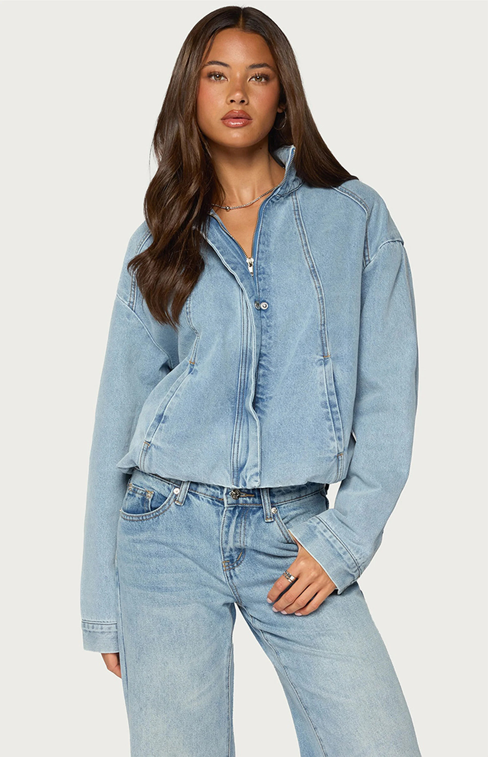 Edikted Women's Jaysi High Neck Denim Bomber Jacket in Blue - Size XS | PacSun