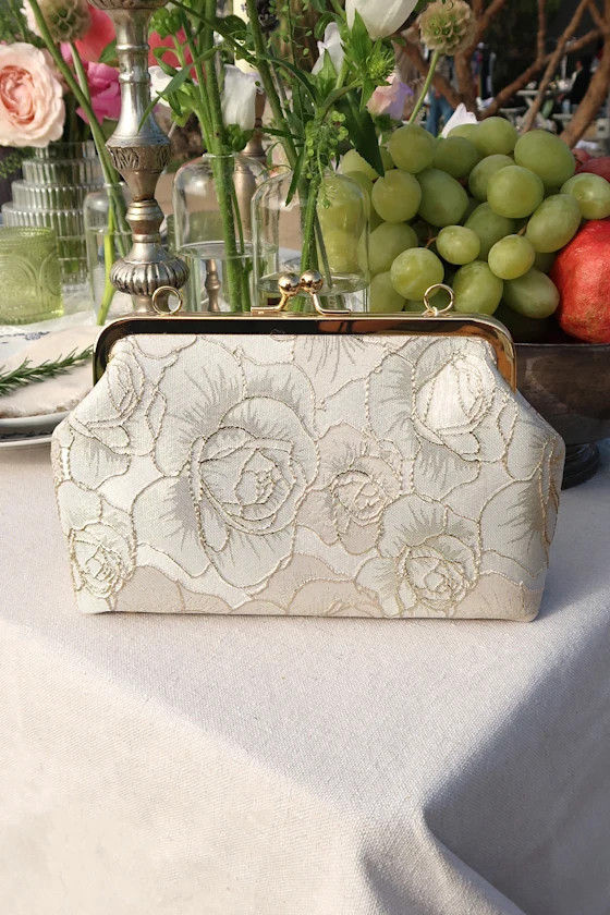 Posh Styling Ivory and Gold Satin Floral Lurex Clutch | Lulus