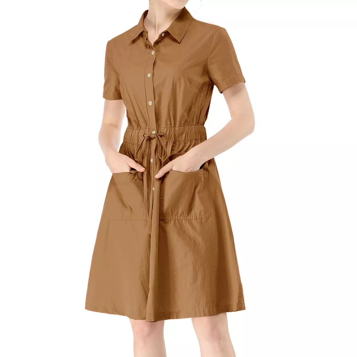 INSPIRE CHIC Women's Point Collar Front Elastic Waist Drawstring Mini Shirt Dress with Pocket | Target