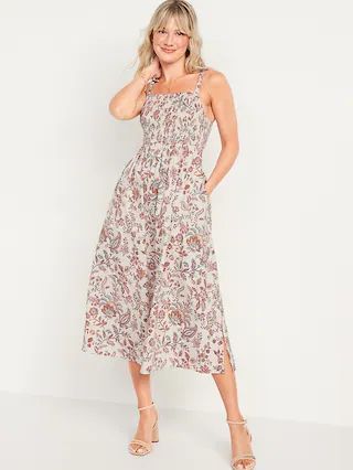 Fit &#x26; Flare Sleeveless Smocked-Bodice Midi Dress for Women | Old Navy (US)