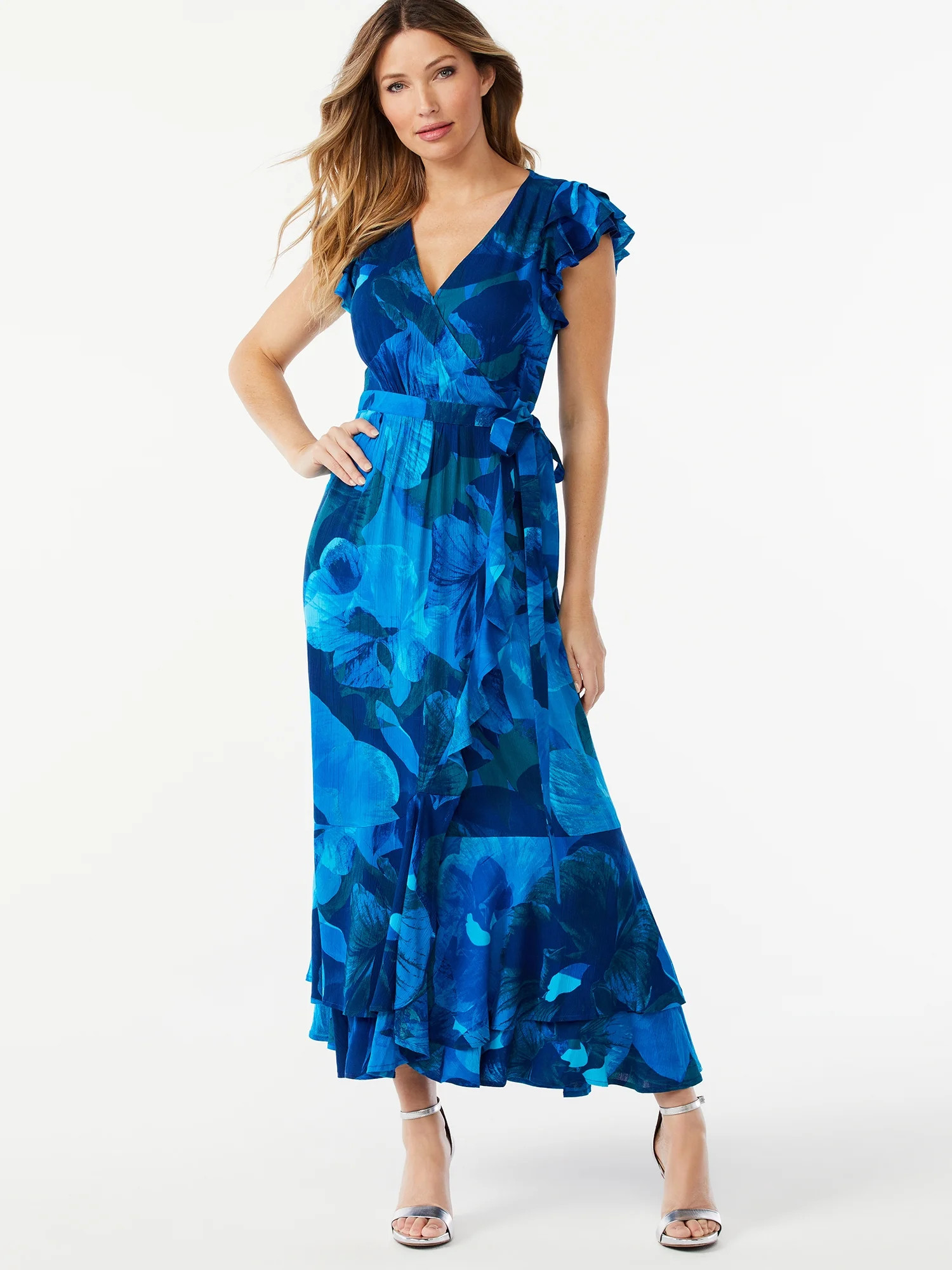 Sofia Jeans by Sofia Vergara Women's Wrap Maxi Dress with Layered Short Sleeves | Walmart (US)