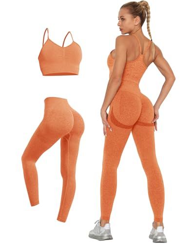 LUBERASU Womens 2 Piece Seamless Workout Sets Butt Lifting Legging with Padded Stretchy Sports Bra Jogging Yoga Gym Outfits (Orange-2 Piece, L) | Amazon (US)