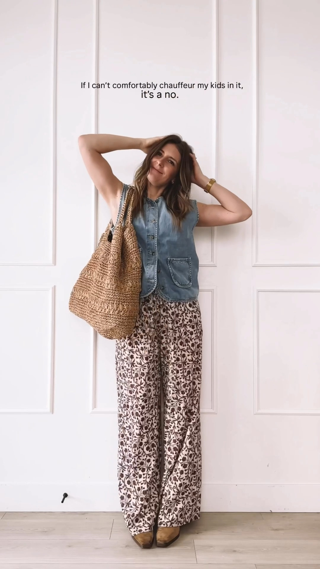 Flowy printed pants + structured denim top = my favorite summer combo. Sized wrong in the pants so learn from me and size down.

#LTKootd #LTKmomlife #LTKgrwm