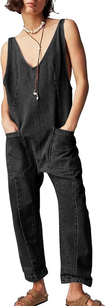 PLNOTME Women's Denim Overall Jumpsuits Sleeveless V Neck Adjustable Straps Jeans Long Pants Romp... | Amazon (US)