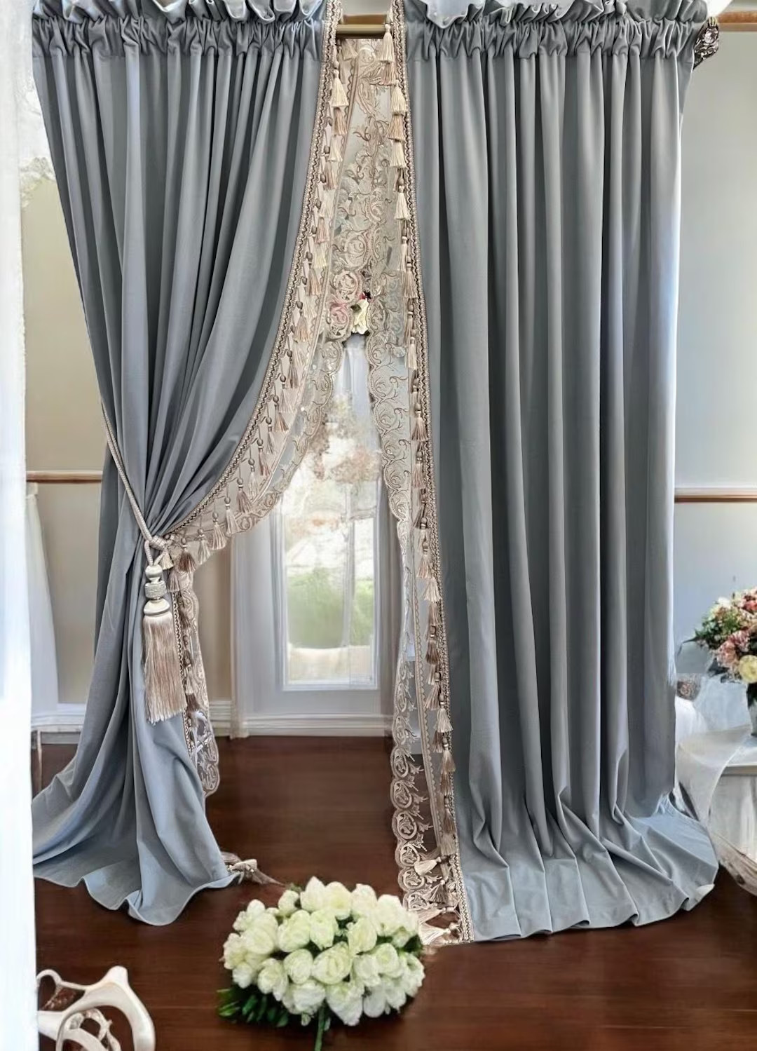 Handmade Custom Velvet Curtain With Fringe Trim Border and Sheer, Gray_blue Velvet Curtain, Custo... | Etsy (US)