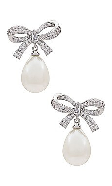 SHASHI Pave Bow Pearl Drop Earring in Silver from Revolve.com | Revolve Clothing (Global)