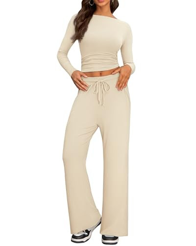 Cozy 2 Piece Lounge Sets for Women, Side Ruched Long Sleeve Top & Wide Leg Pants Casual Matching Tracksuit for Home & Travel (Apricot, S) | Amazon (US)