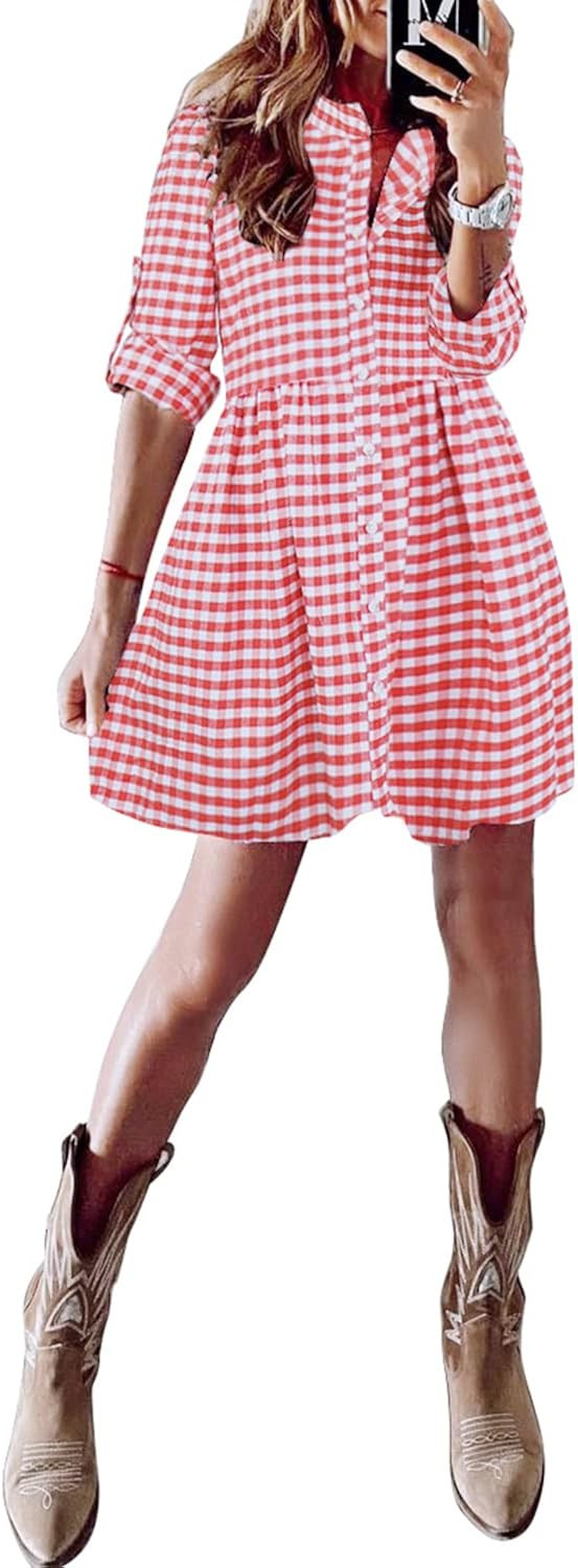 FANCYINN Women's Gingham Stand Collar Shirt Dress Button Down Casual Long Sleeve Tie Sleeves Mini Pl | Amazon (US)