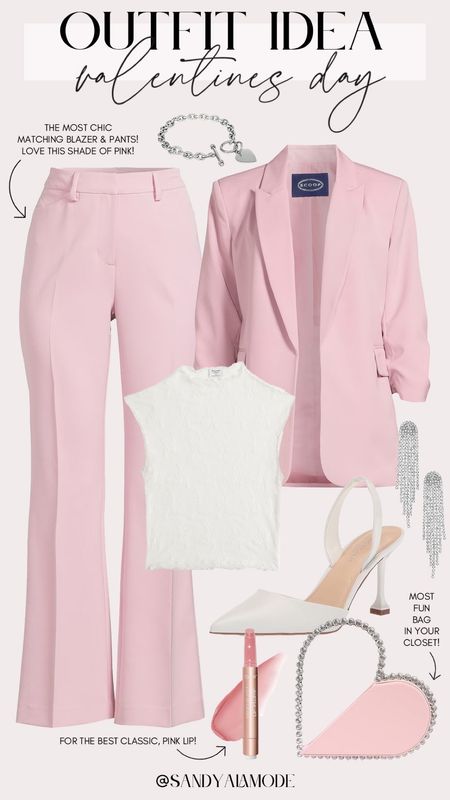 Valentine’s Day outfit idea | Walmart finds | Walmart fashion | Walmart pink blazer and pants | white heels | Valentine’s Day ootd | date night outfit | heart shaped handbag 

#LTKstyletip #LTKfindsunder100 #LTKSeasonal
