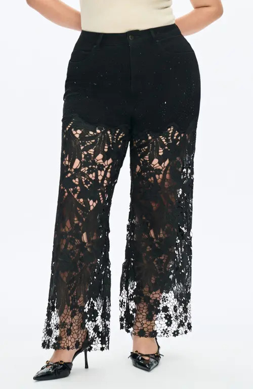 Bayeas Crystal Embellished Lace Wide Leg Jeans in Black at Nordstrom, Size 16W | Nordstrom