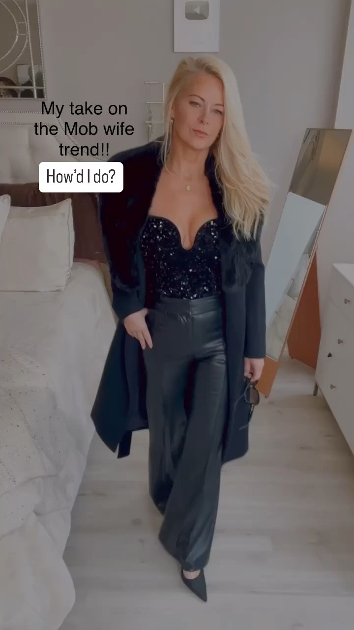 What do you think of my “mob wife” trend? It’s the best I could do with my wardrobe 😂

 Happy Friday!  I am so happy to have taken a week off. It was much needed. Thank you for all the support. Means the world to me. 
•
•
•
•
•
Bodysuit @hm
Pants @aliceandolivia
Shoes @samedelman
Coat @reiss
Sunglasses @gucci

Comment with the word links and I will send them to you. 🤗🙏🏻

Be sure to turn on my Reels notifications so you don’t miss anything! Thank you so much to everyone who likes, comments, saves and shares my content. I really appreciate it. 🥰🥰

•
•
•
•
•
•
#fashionreels #lookoftheday #effortlesschic #petitestyle #petitefashionblogger #whattoweartoday #styleideas #styleblogger #style #styleinspiration #ootdstyle #stylestalker #fashionlover #fashionista #styleblog #stylegram #styleoftheday  #lookgoodfeelgood #styleblogger #styleideas #over40fashion #50andfabulous #over40style

outfit Inspo , style tips, girls night look, affordable fashion, winter outfit idea, ootd, GRWM, monochromatic outfit, ootn, outfit of the night, girls night out, date night, mob wife look #ltkstyle #ltkfashion

#LTKstyletip #LTKVideo #LTKover40