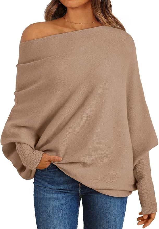 LILLUSORY Womens Batwing Oversized Sweaters Assymetrical Off The Shoulder Boat Neck Wrap Tunic To... | Amazon (US)