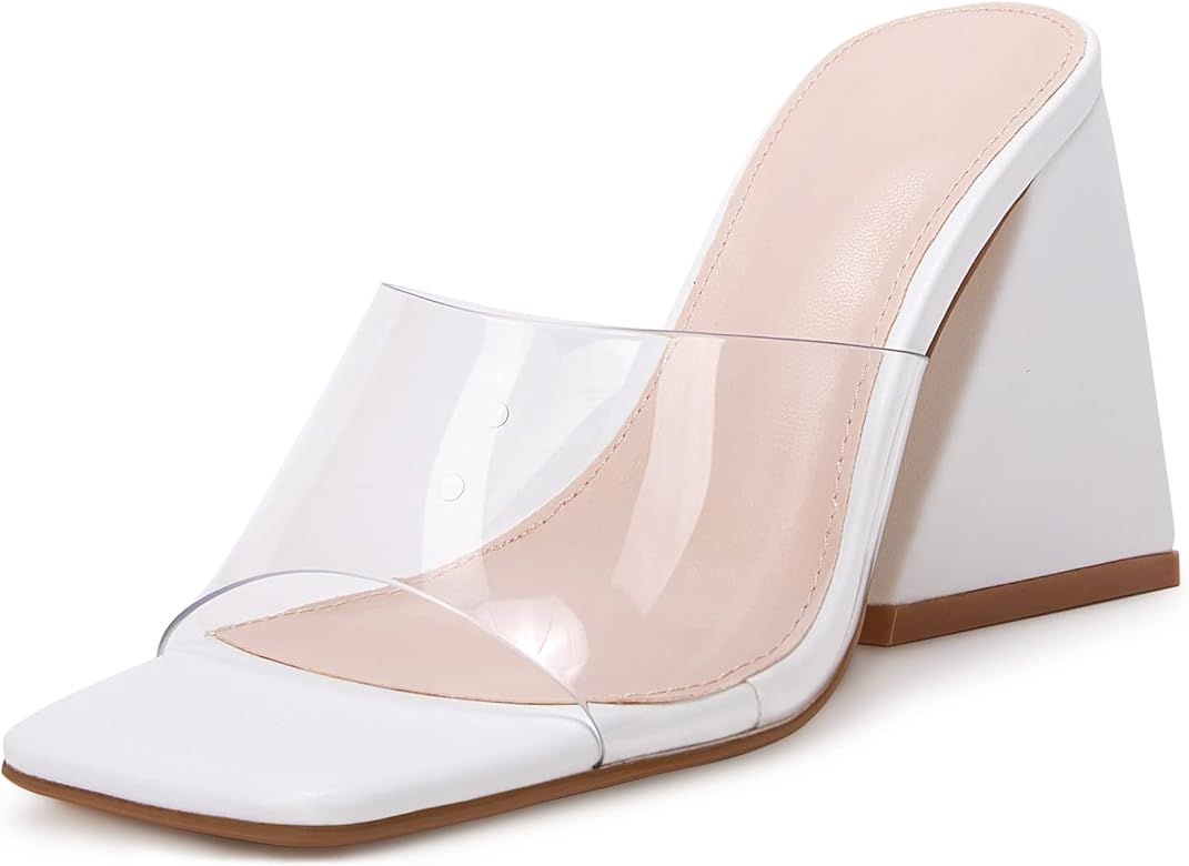 Women's Heeled Sandals Square Open Toe Slip on Block Heels Mules | Amazon (US)