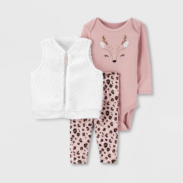 Baby Girls' 3pc Sherpa Deer Vest Top & Bottom Set - Just One You® made by carter's Pink | Target
