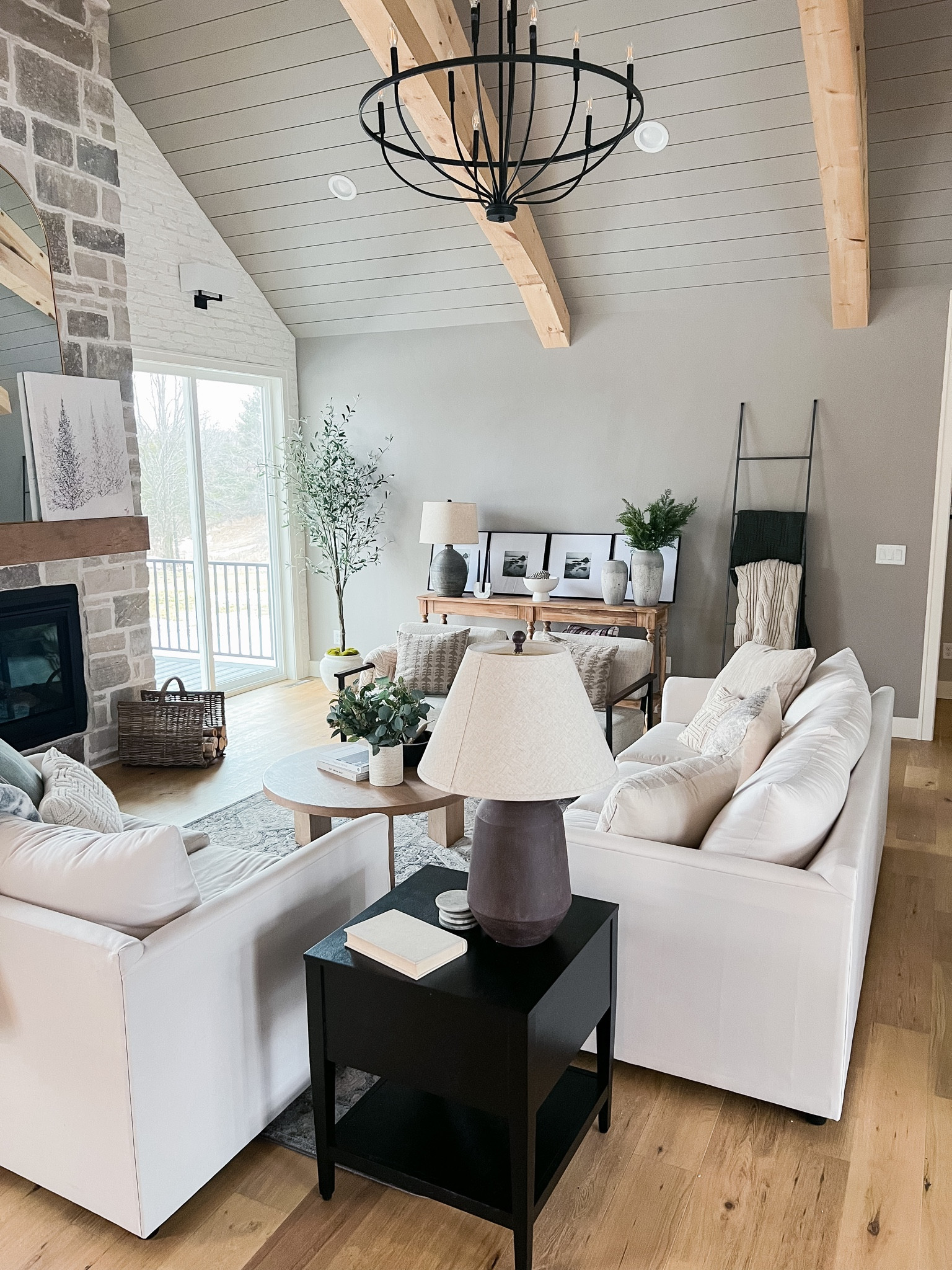 Living room decor - living room furniture - farmhouse living room - farmhouse decor - winter decor - table lamp - console table - gallery frames - blanket ladder 

#LTKhome