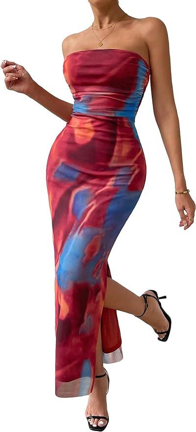 Floerns Women's Tie Dye Strapless Ruched Split Thigh Bodycon Long Tube Dress | Amazon (US)